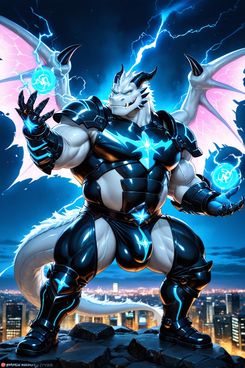 Cityscape Below, Cyan Glowing Accents, Imposing AI Gay Porn