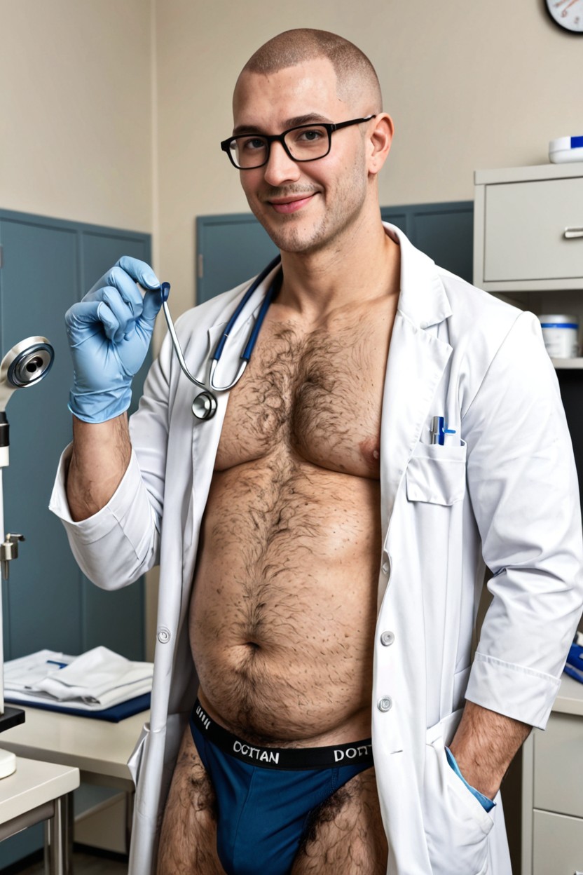 Opened Medical Scrubs, Blurred Background, Shaved Head AI Gay Porn