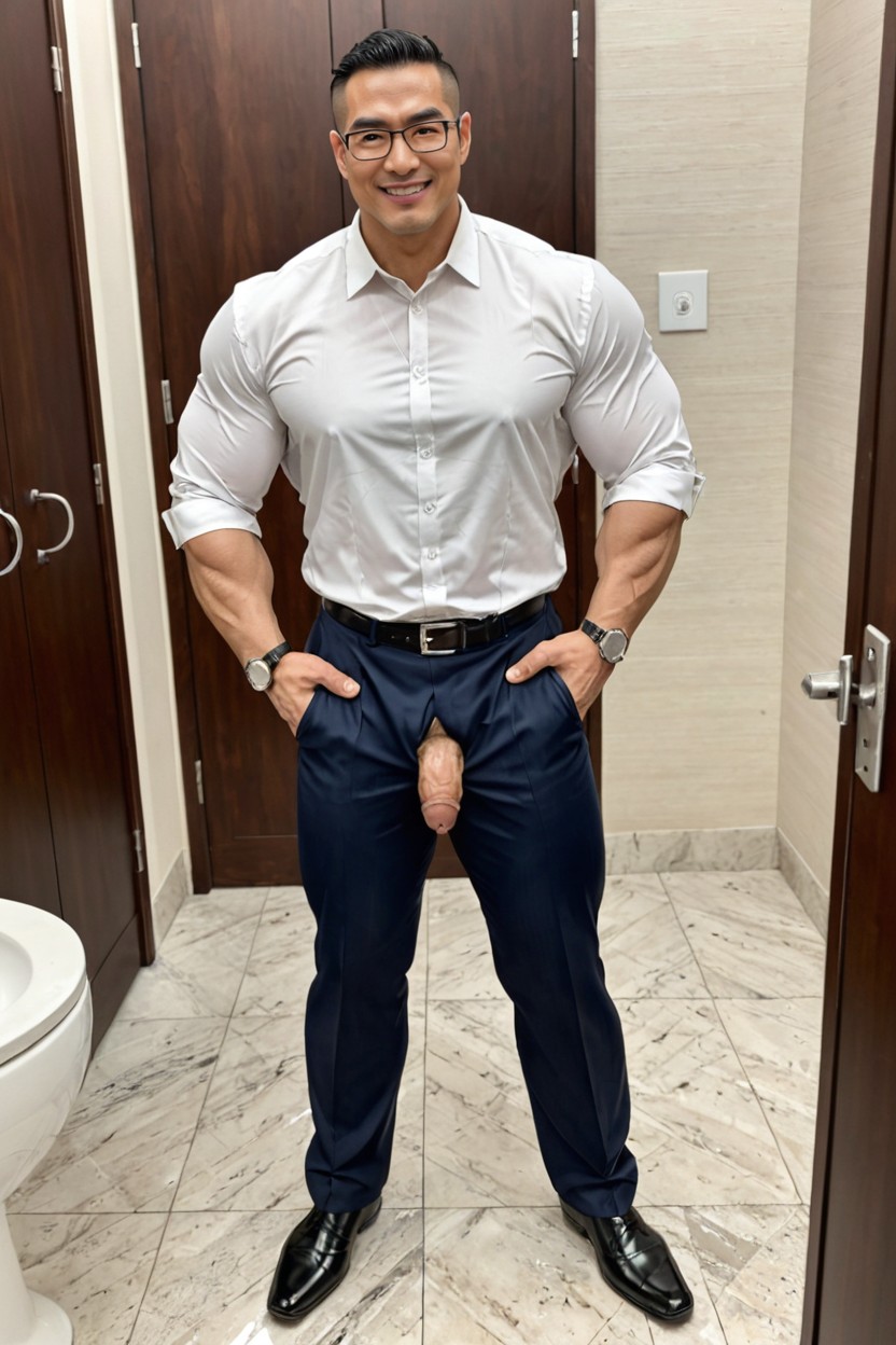 Uncut Dick Size Moyen Downward, Hands On Hips, Very Broad Shoulders AI Gay Porn