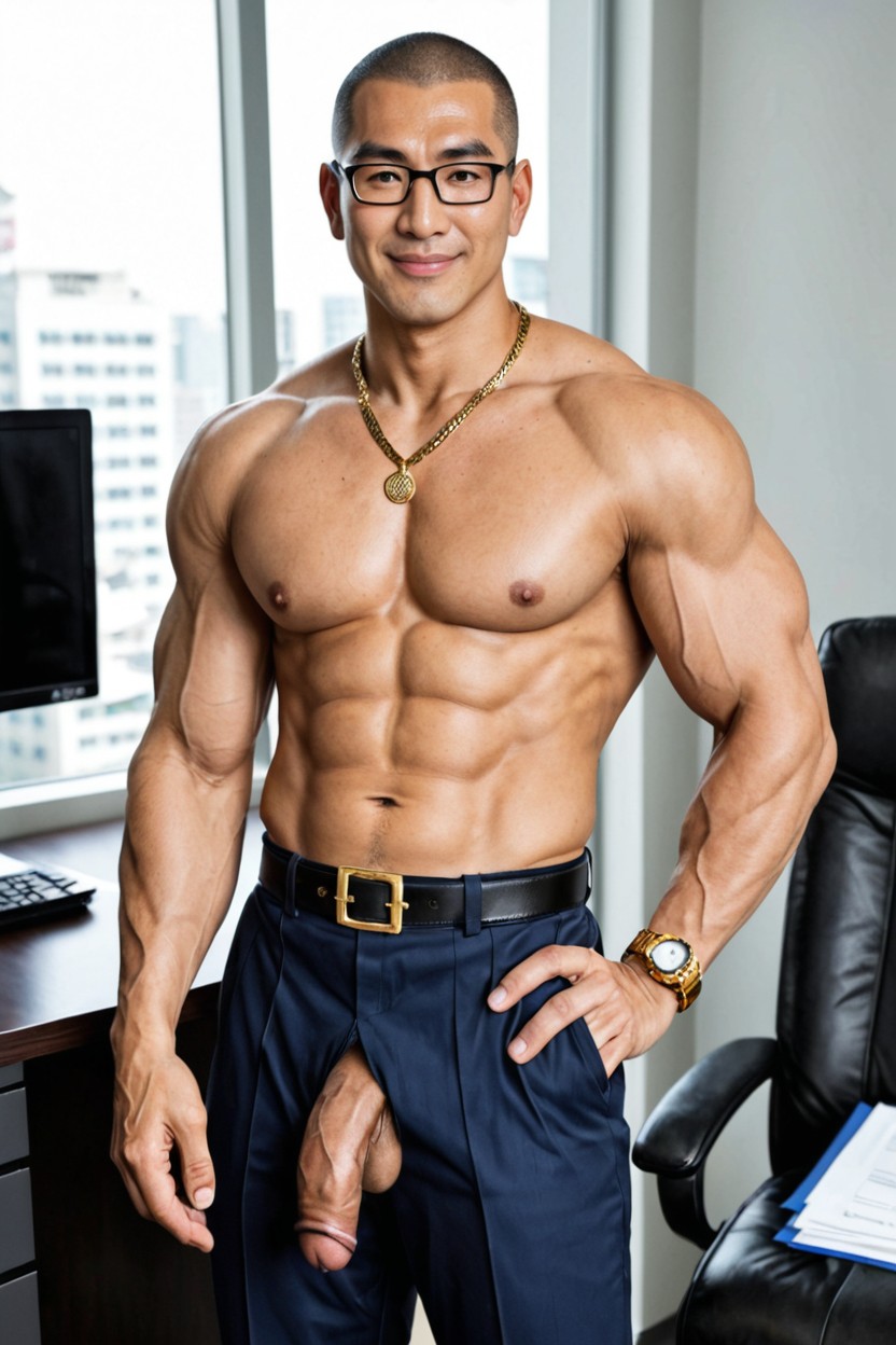 Bare Hands, Towering Physique, Imposing Presence With Moyen Uncut Dick Out Of Hole On The Pant AI Gay Porn