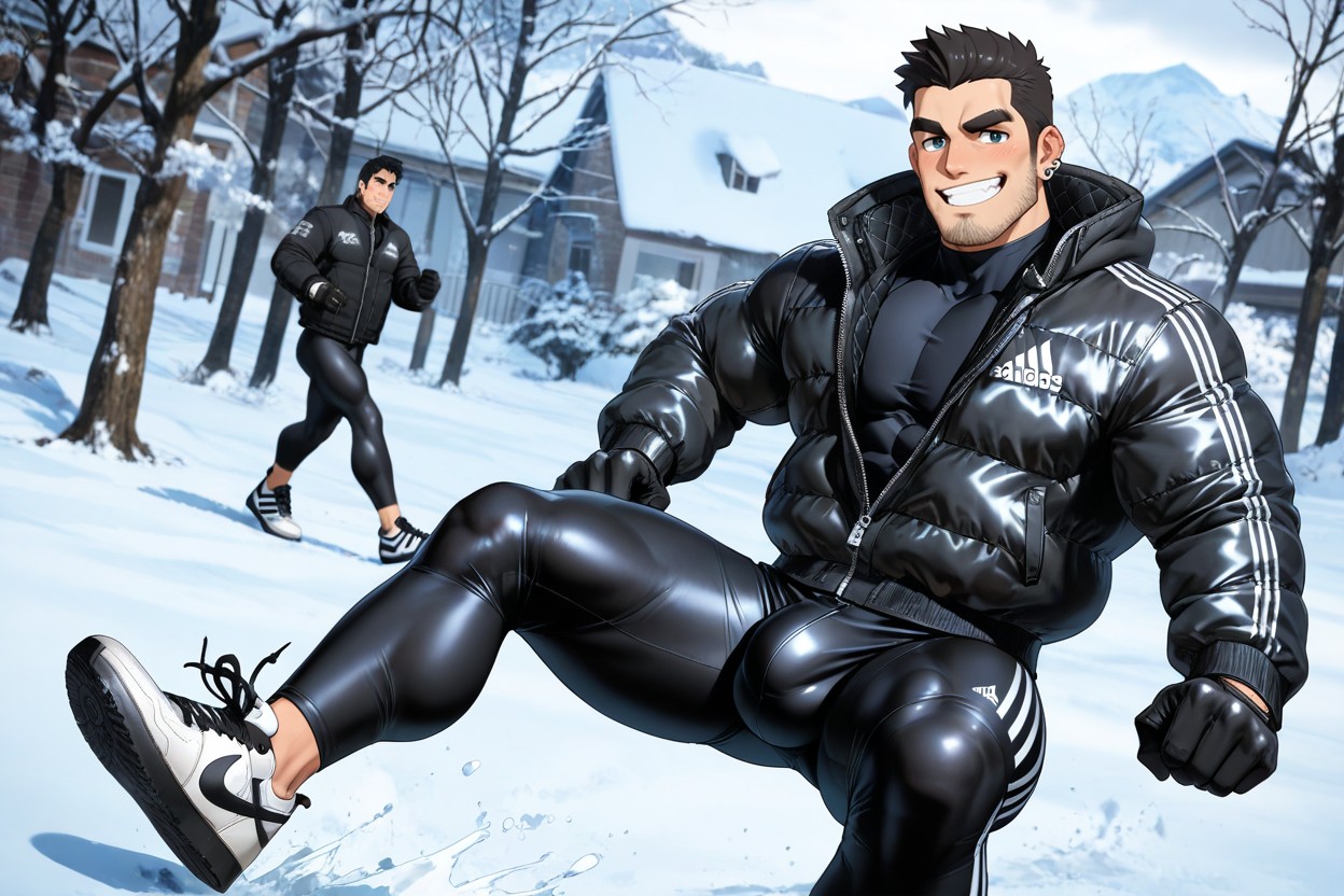 Facial Piercings, Caucasian Guy Big Bulging Biceps, Male Black Buzzer Hair Or Crew Jaw Beardadidas Black Lycra Leggings AI Gay Porn