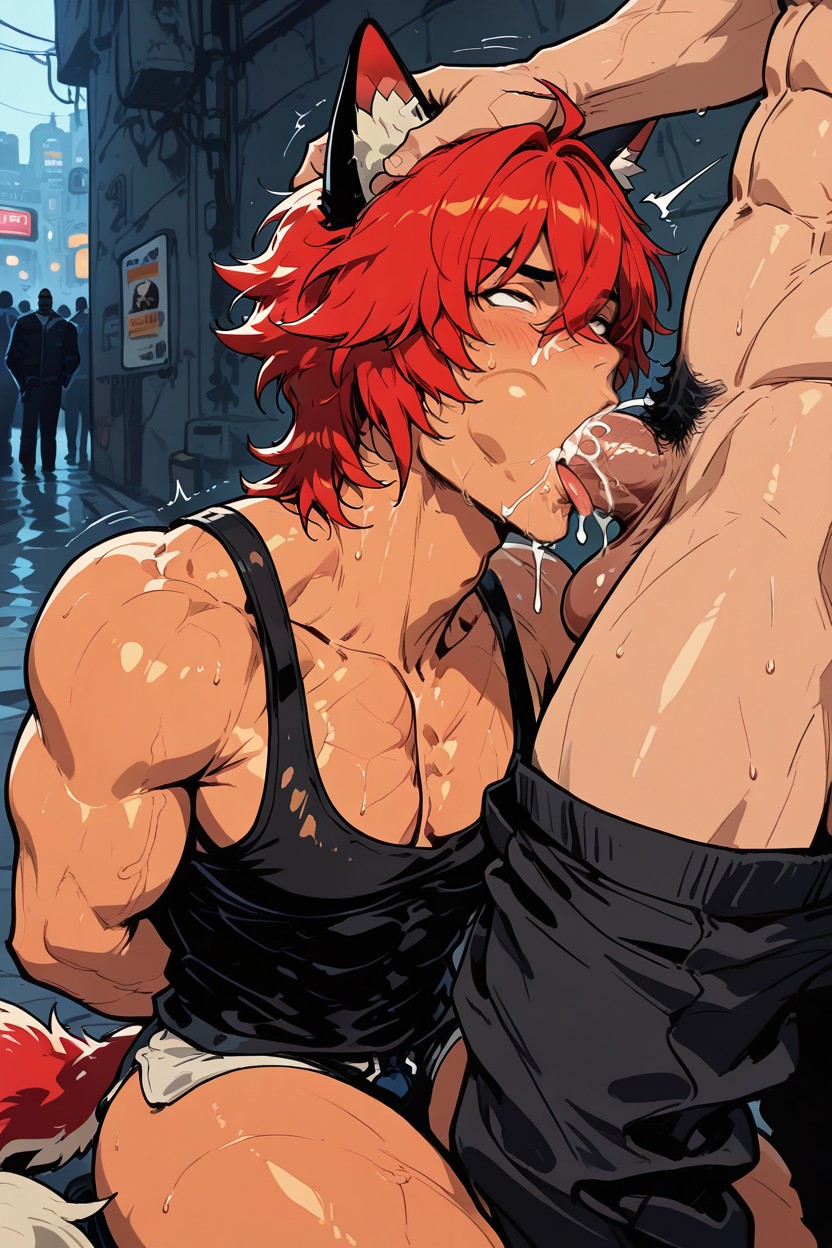 Men, Many People Watching In Background, Deepthroat AI Gay Porn