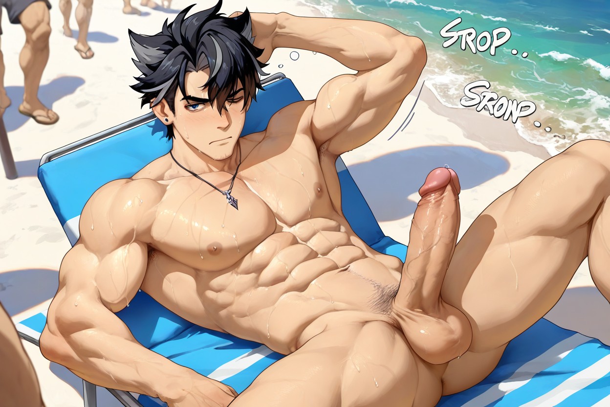 Sweating, Beach, Smooth Body AI Gay Porn