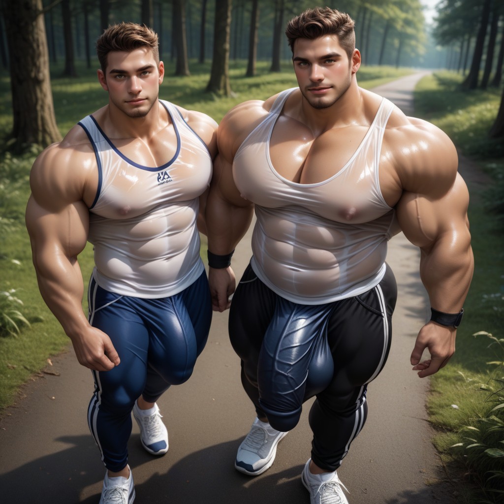 Round Pillowy Pecs, Cocks Touching, Wearing Sportswear AI Gay Porn