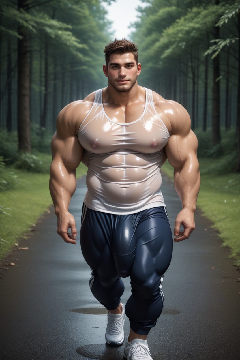 Round Pillowy Pecs, Blushing, Wearing Loose Jogging Pants Porno gay IA
