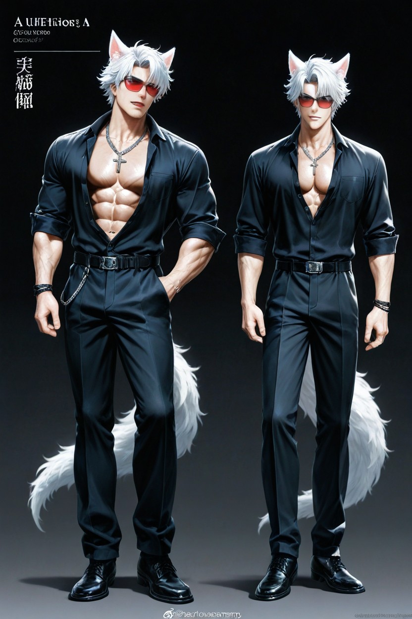 Crisp Linework, Tailored Black Trousers With A Silver Chain Hanging From The Belt Loop, And Polished Black Dress Shoes His Posture Is Relaxed Yet Dominant AI Gay Porn