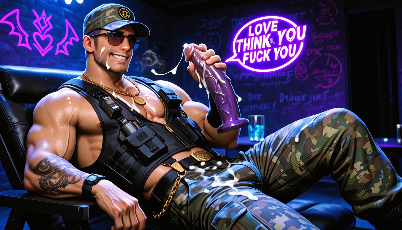 Thick Muscular With Tattoos, Superhero, Wall Text "i Control Your Toy" AI Gay Porn