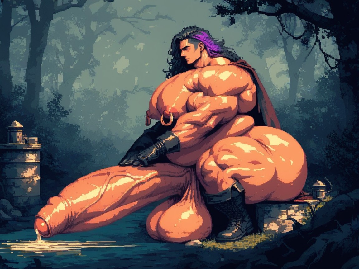 Uncircumcised, Clear Precum Puddle On Ground, Huge Bulky Muscles AI Gay Porn