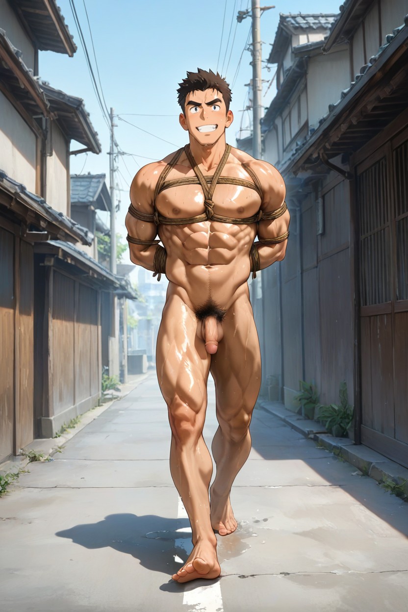 Rope Tied His Chest And Arms, Outside, Erect Penis AI Gay Porn