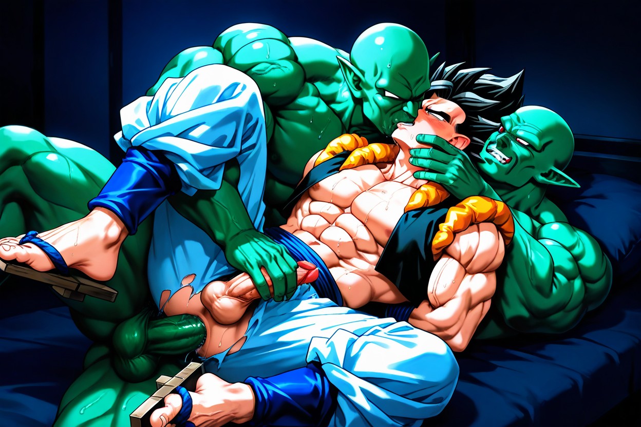 Showing Feet, Black Hair Gogeta From Dragon Ball Z As Bottom, Oversized Muscles AI Gay Porn