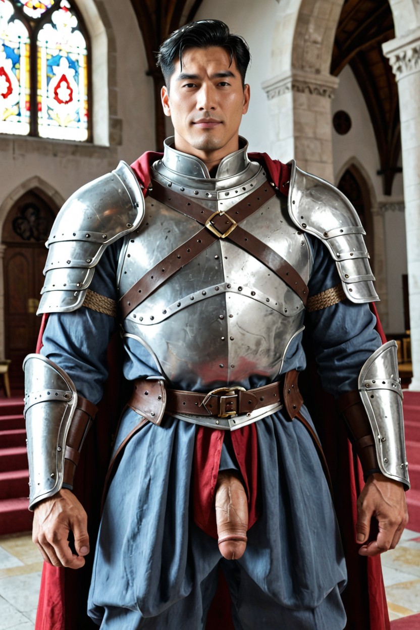 Towering Physique, Cloth Trousers Underneath Armor, Medieval AI Gay Porn