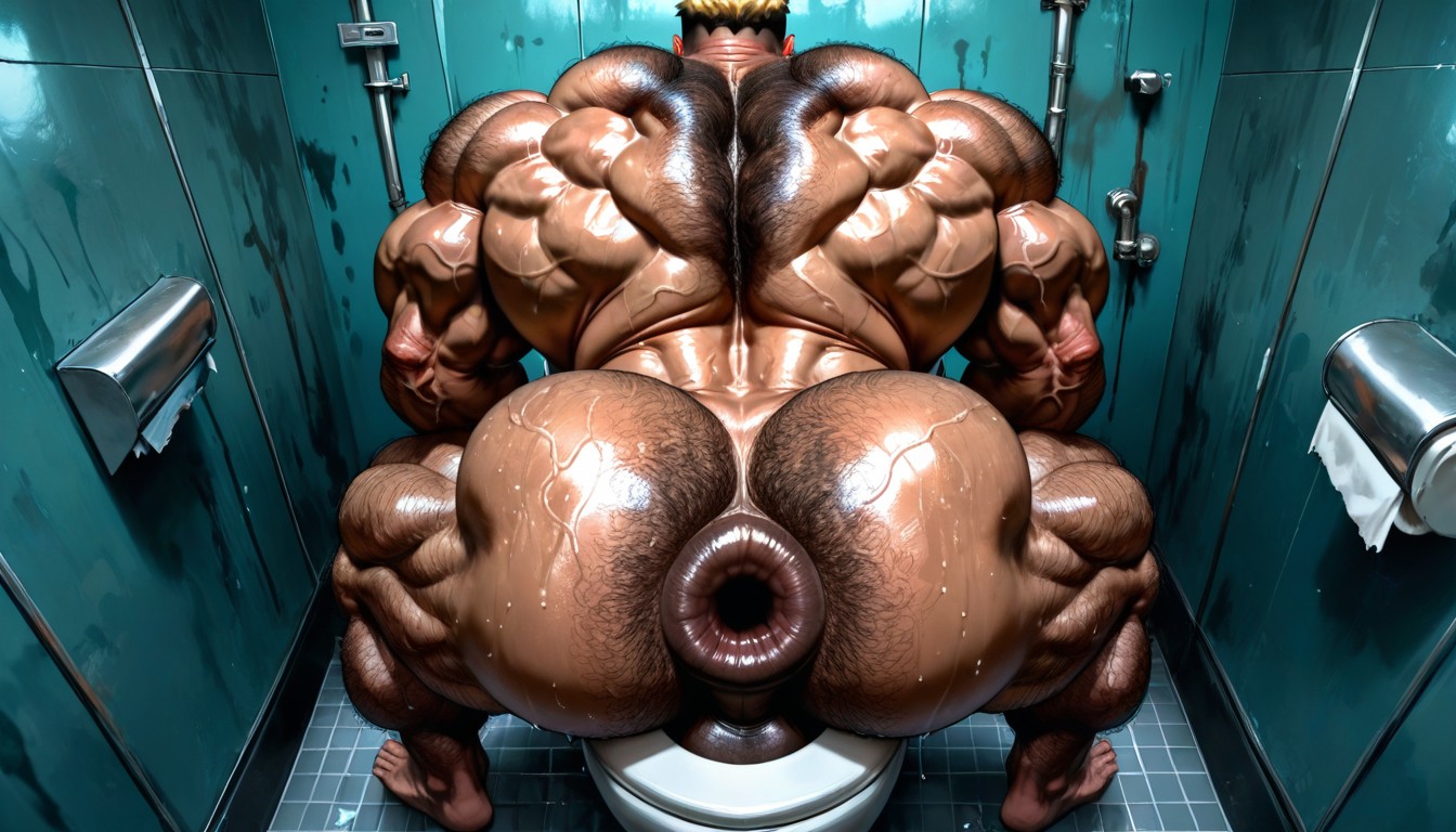 Bathroom Stall, Wide Back, Hyper Muscular Body AI Gay Porn