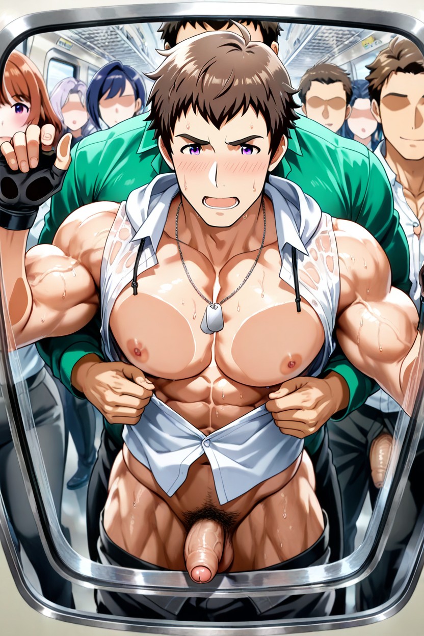 Shingen Seiji From Idolmaster Side-m, Ripping Open The Shirt At The Chest From Behind To Expose Pec Muscles And Male Nipples, Kind Eyes AI Gay Porn