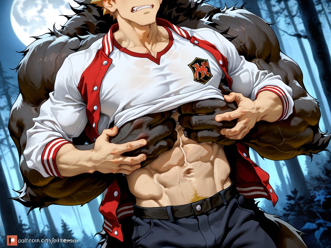 Gigantic Muscles, Abs Exposed, Werewolf Is Much Bigger Than Blond Guy AI Gay Porn