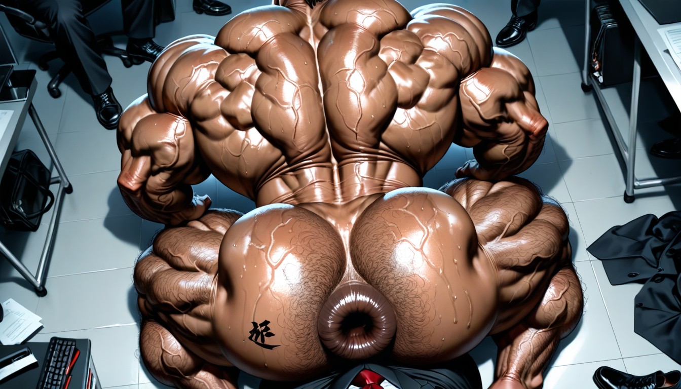 Hairy Body, Steel Rings, Man Kneeling On Suit Worshiping Muscles AI Gay Porn