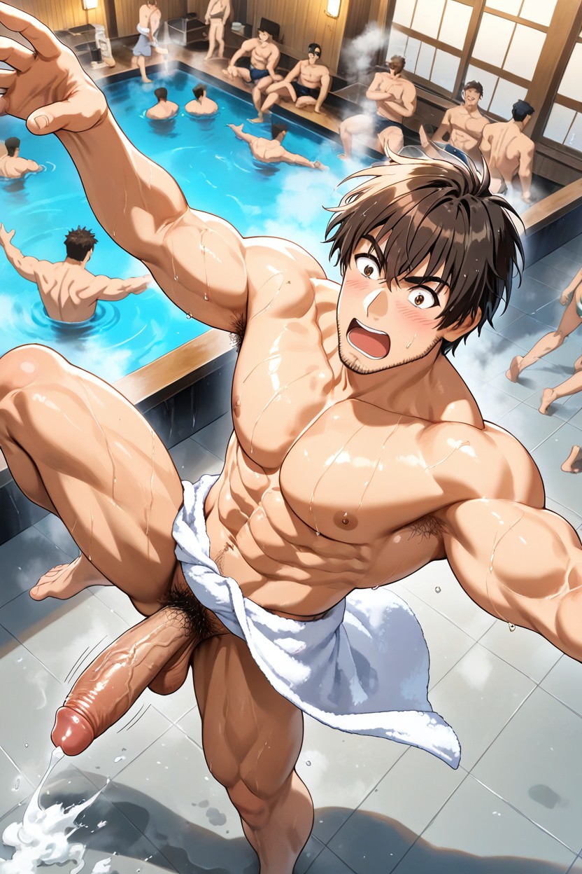 Big Pecs, Wearing A White Towel Around Waist, Steam Rising From The Bath AI Gay Porn