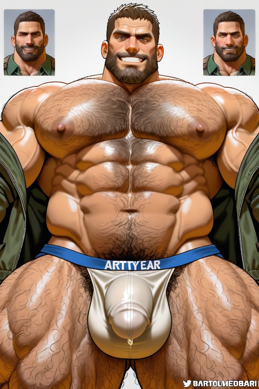 Hairy Asshole, Hairy Chest, Unbuttoned Complete Open Green Shirt Showing Chest AI Gay Porn