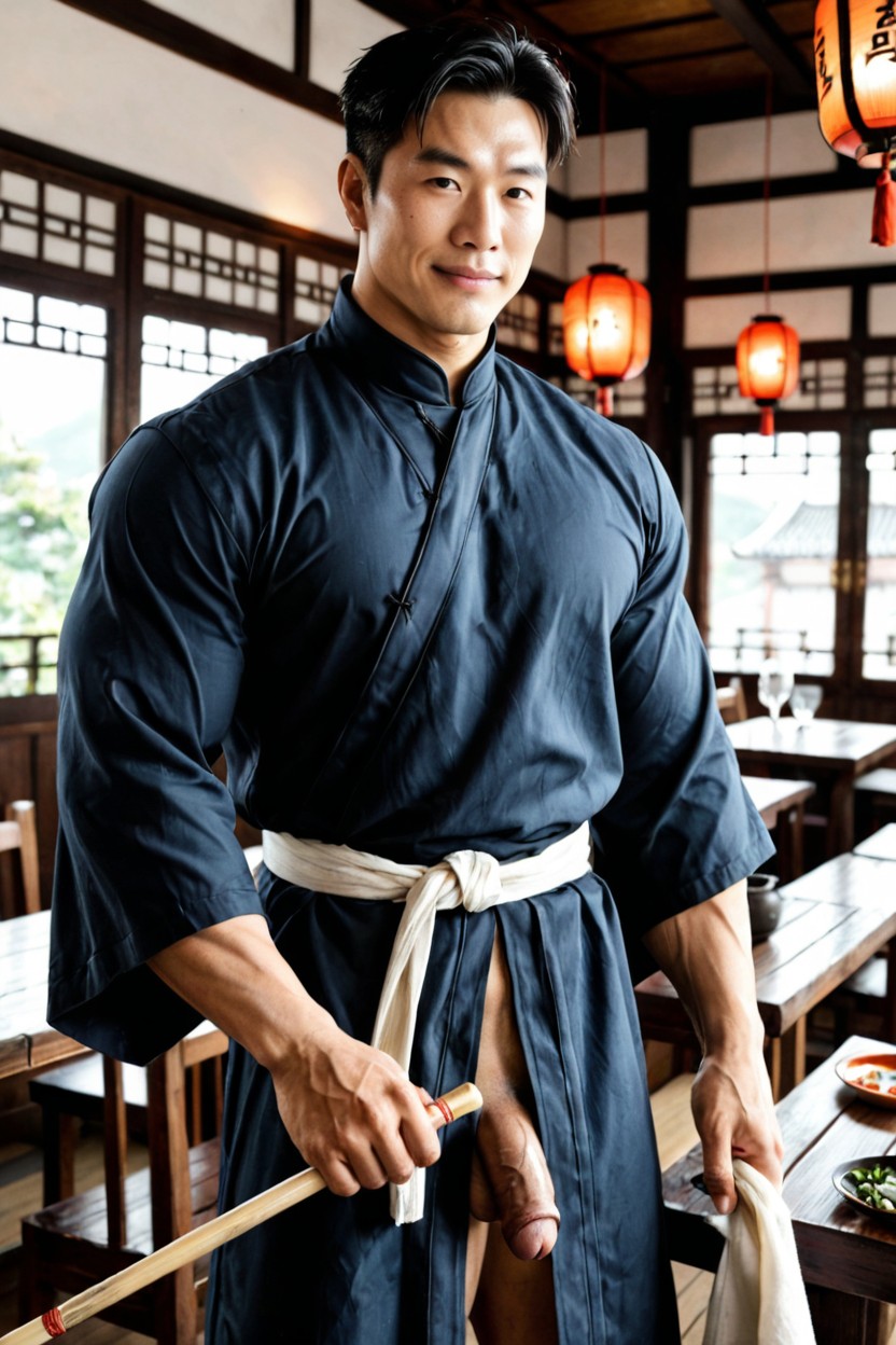 Towering Physique, Traditional Chinese Lanterns Hanging From The Ceiling, Muscles AI Gay Porn
