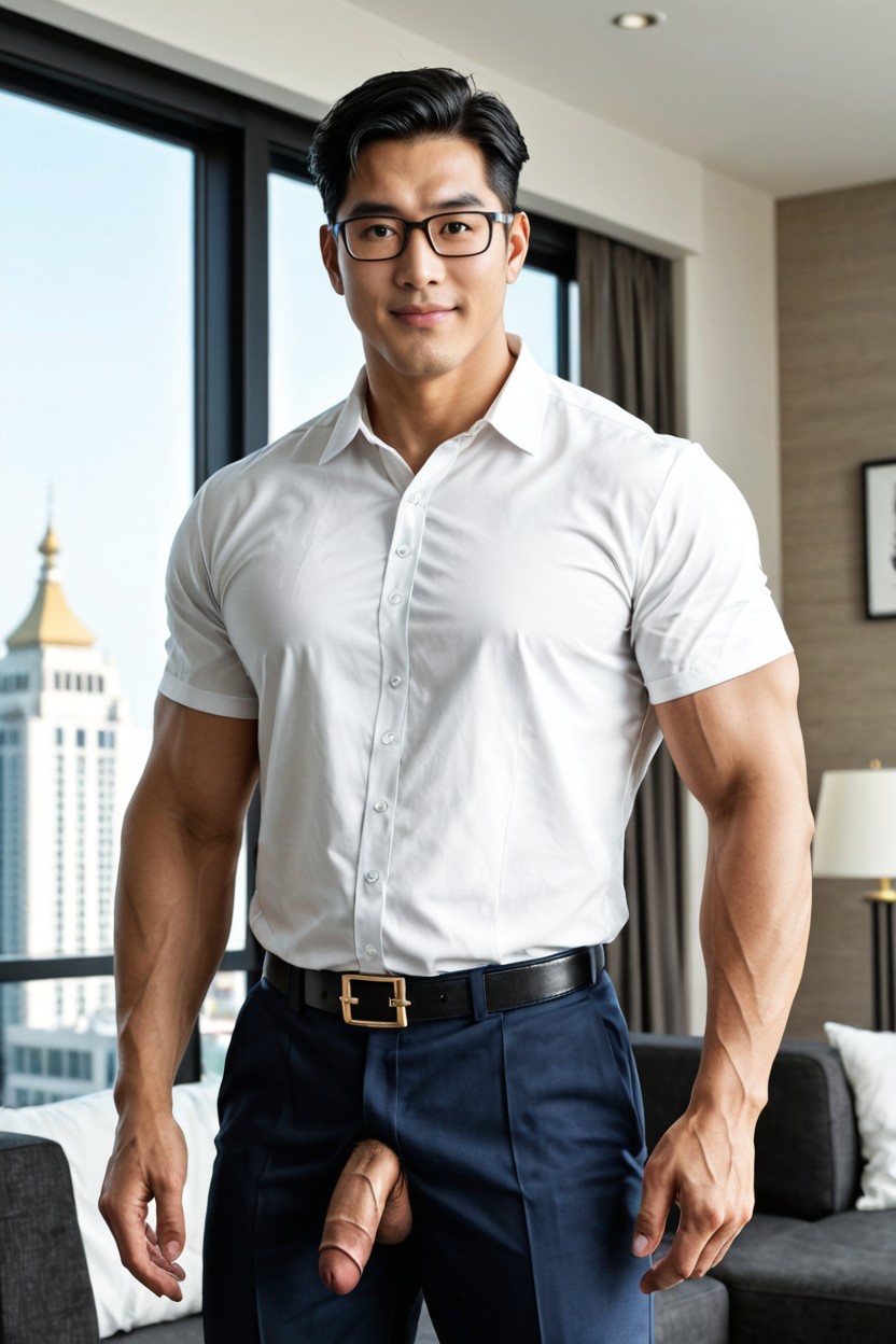 Extremely Muscular, Medium Full Shot, Polo Shirt Neatly Tucked Into Formal Dress Trousers AI Gay Porn