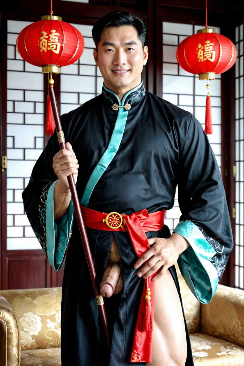 Fully Dressed In Traditional Ancient Chinese Imperial Clothing, First Layer, Very Broad Shoulders AI Gay Porn