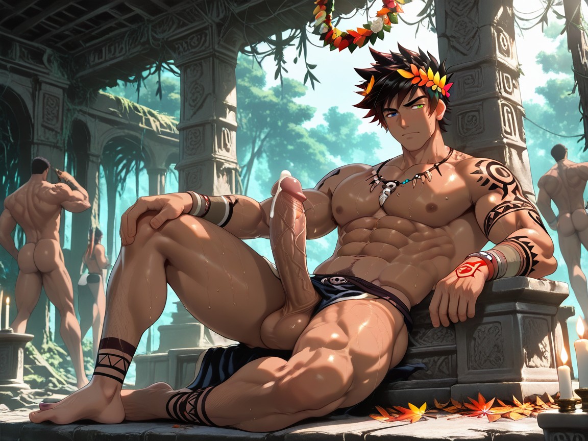 Strong Jawline, Wearing Wreath Crown Made Of Red And Orange Leaves, En Forma Porno gay IA