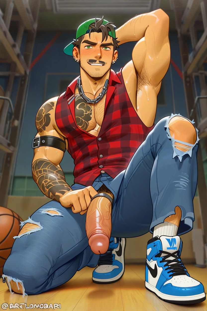 A Bodybuilder, One Hand Behind Headfull Body Tattoo Ear Piercings, Nyuudles AI Gay Porn
