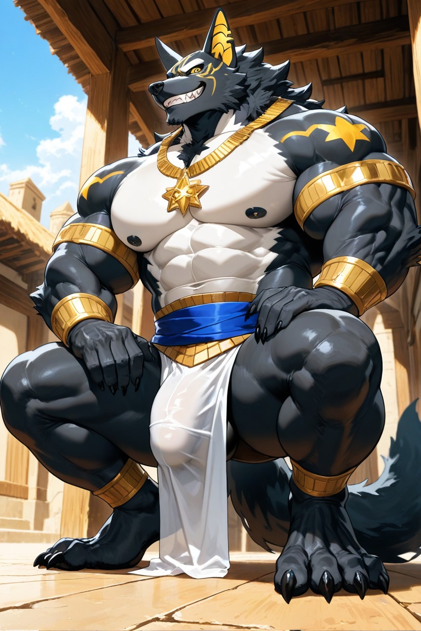 Dark Grey Black Fur Body, Gold Ear Tips, Crouching Pose Porno gay IA