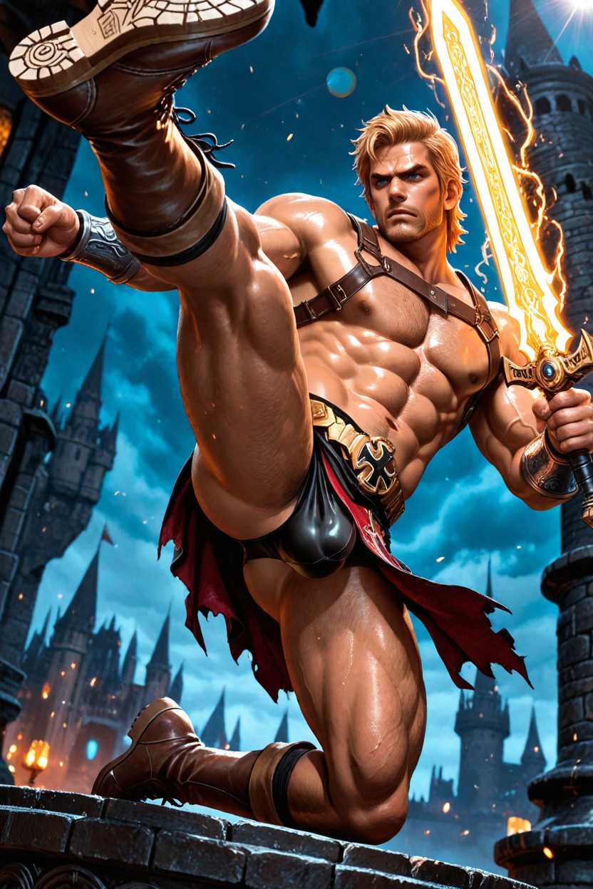 Jump Extension To Knee Kick, Side View, Toned Physique Porno gay IA