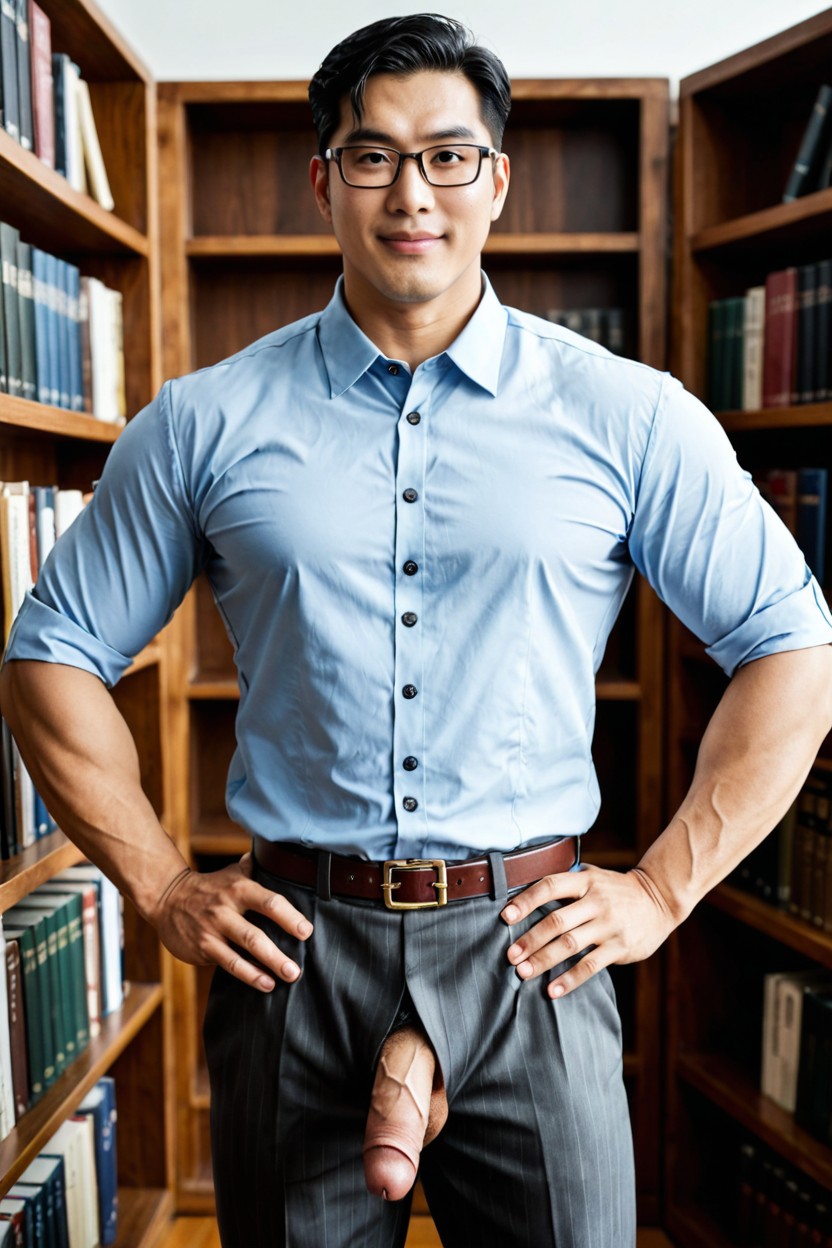 Huge Muscular, Medium Full Shot, Gray High-waisted Tailored Dress Trousers AI Gay Porn