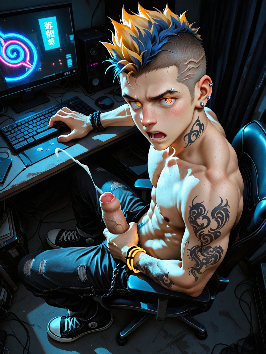 Boyish Guy, Top Down, Neon AI Gay Porn