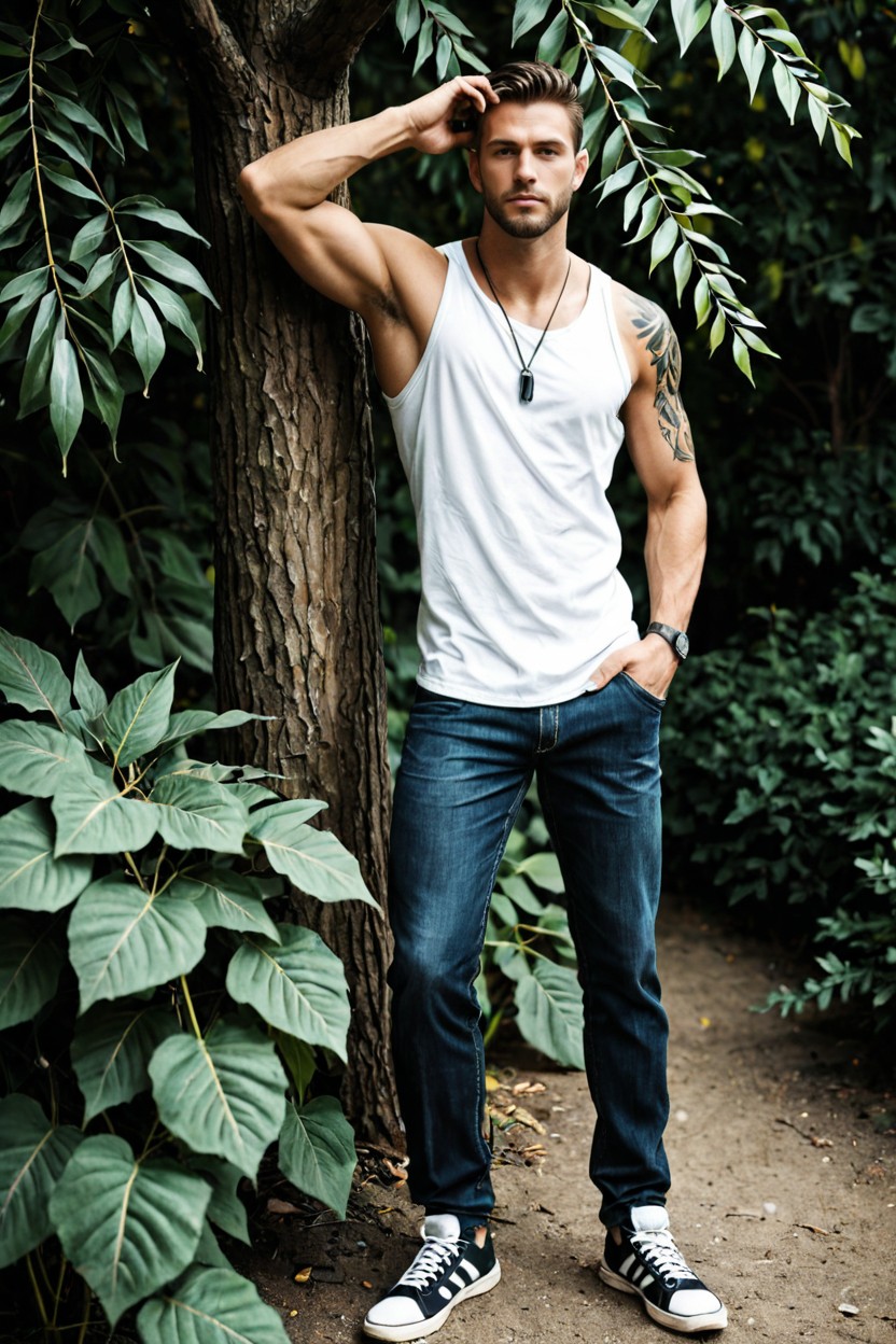 With Muted Greens From The Leaves Contrasting Against The Neutral Wall And Crisp White Clothing The Subject Appears To Be In His Early S With Lightly Tanned, Understated, Editorial Pose Rather Than A Fashion-model Stance The Camera Is Positioned At Approximately Chest Height Using An Mm Portrait Lens AI Gay Porn
