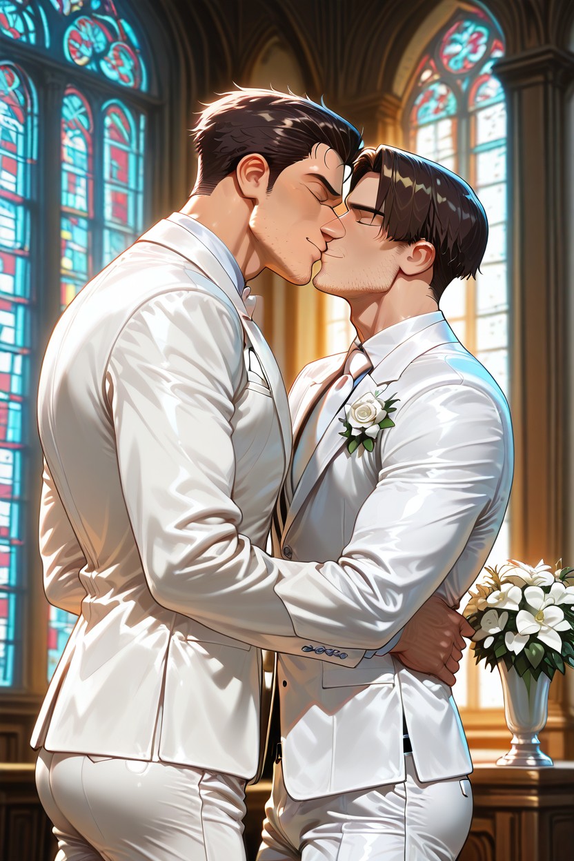 White Suit For The Groom, Manly Face, Dark Brown Hair AI Gay Porn