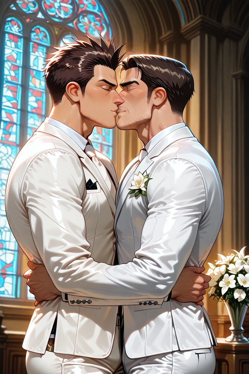 White Suit For The Groom, Male's Veryshort Hair, Theme Is A Gay Couple's Wedding AI Gay Porn