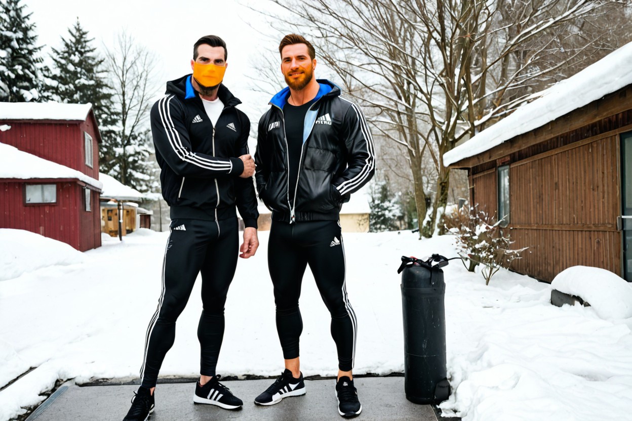 Male Black Buzzer Hair Or Crew Jaw Beardadidas Black Lycra Glossy Leggings, Big Bulging Triceps, Handsome Caucasian Black Stubble And Beard AI Gay Porn