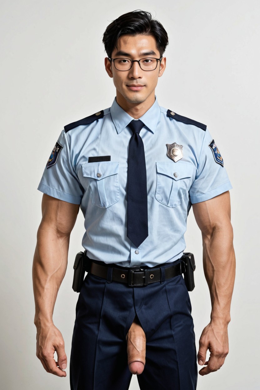 Oversized Muscles, Large Belt Buckle, Radio Communication Device Attached To The Shoulder AI Gay Porn