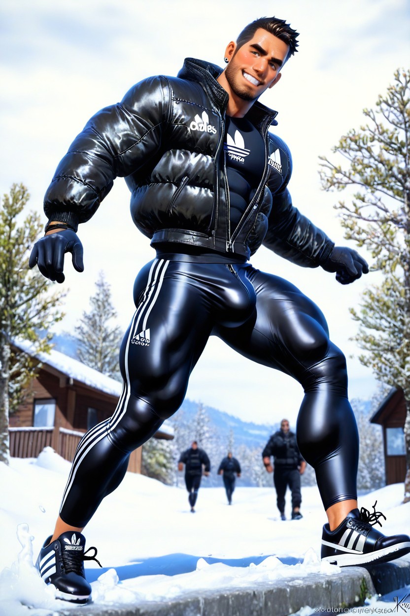 Down Jacketthe Puffer Jacket Fully Covers The Body The Jacket Follows The Contours Of The Muscles The Jacket Hood Is Downstands Firmly With His Legs Spread Wide Black Stubble And Beards, Handsome Caucasian Black Stubble And Beard, Short Length AI Gay Porn