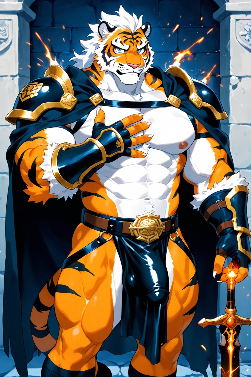 Black Stripes On Orange Fur, Wide Leather Belt With Ornate Circular Buckle, Sparks In Air AI Gay Porn