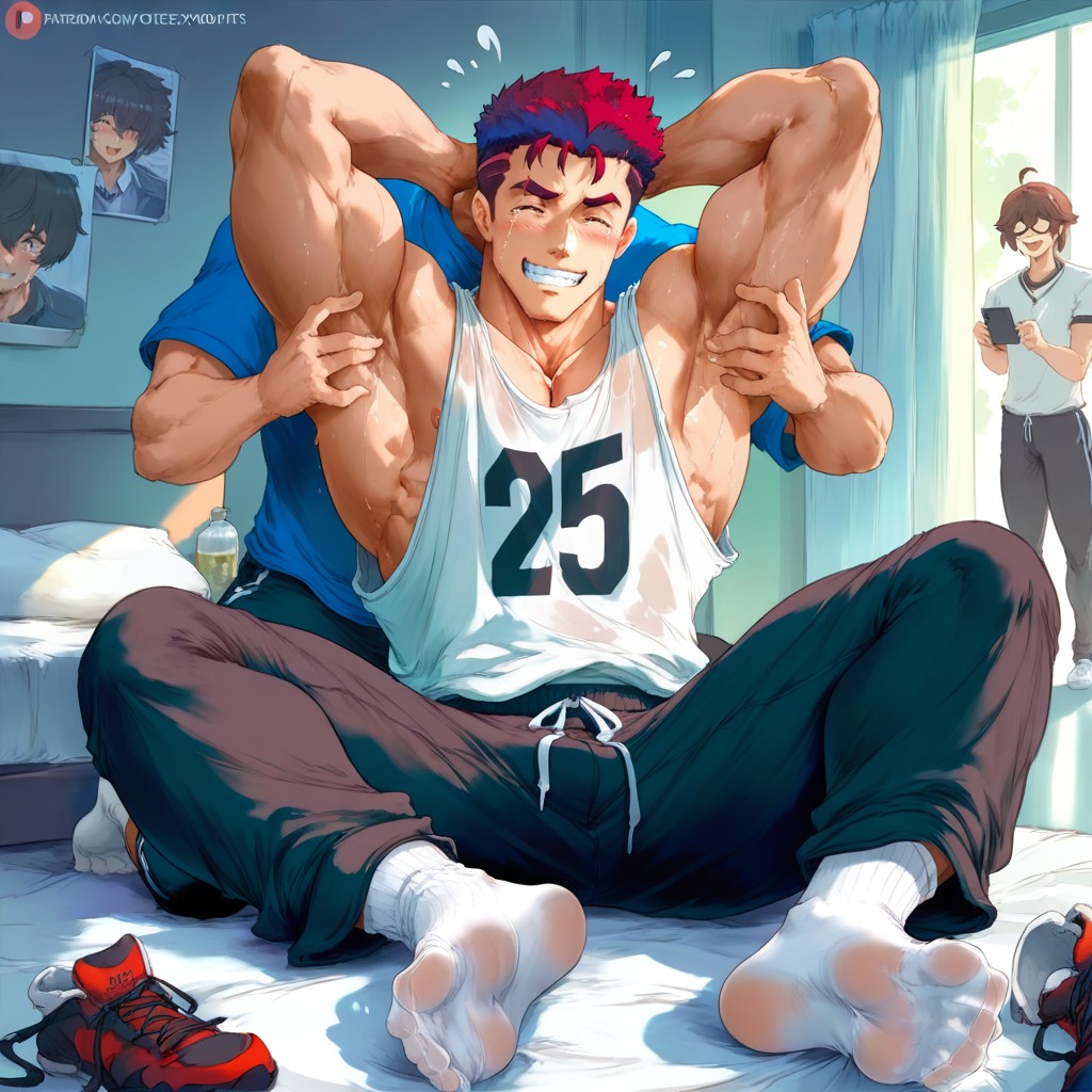 Sitting Behind Jock, Clothes Scattered Everywhere, Big Feet AI Gay Porn