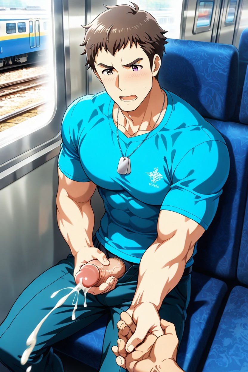 Large Pectorals, Erecting Penis, Standing In Front Of The Train Seats AI Gay Porn