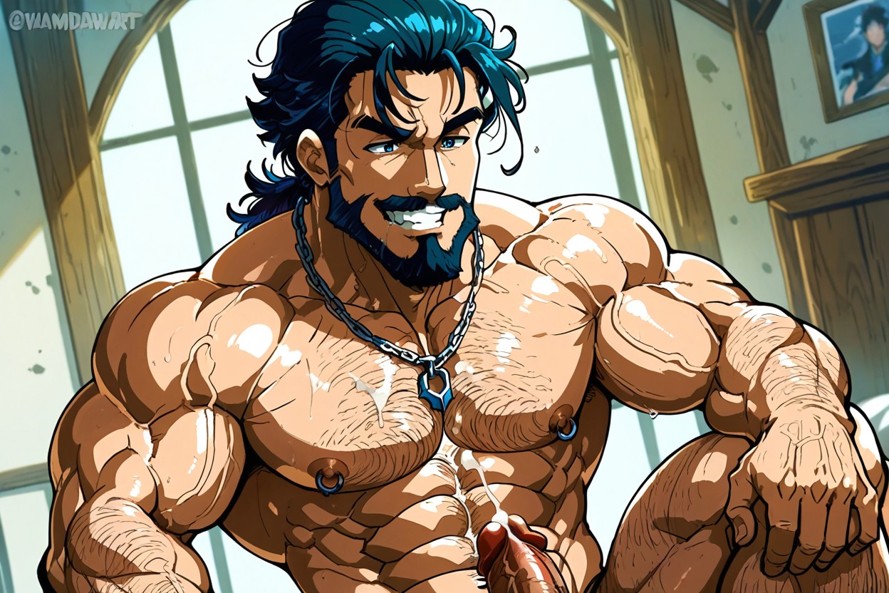 Snoring Eyes, Muscular Man Holding ’s Head Gently, Mustache AI Gay Porn