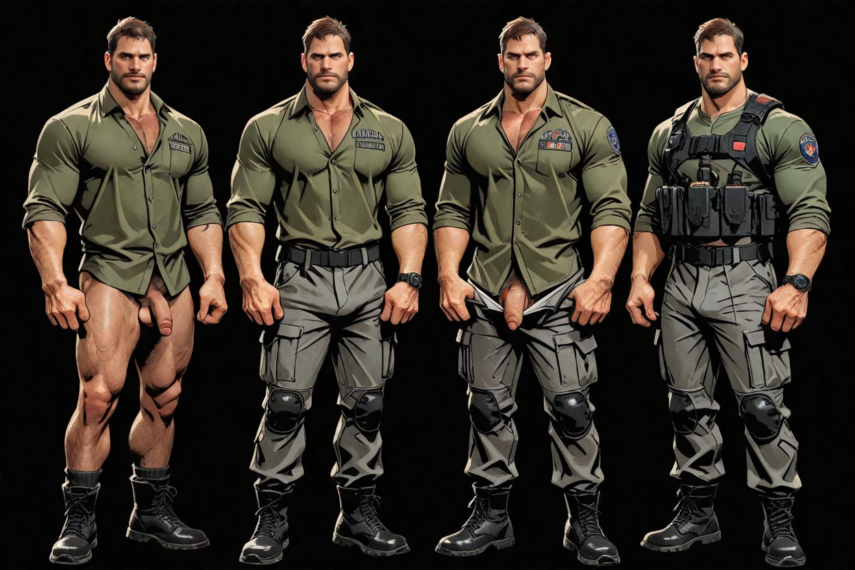 Is The Same Man In All Only Changing The Clothes, All Of The Are Chris Redfield From Resident Evil The First One Wearing Thight Green Shirt, Male Body AI Gay Porn