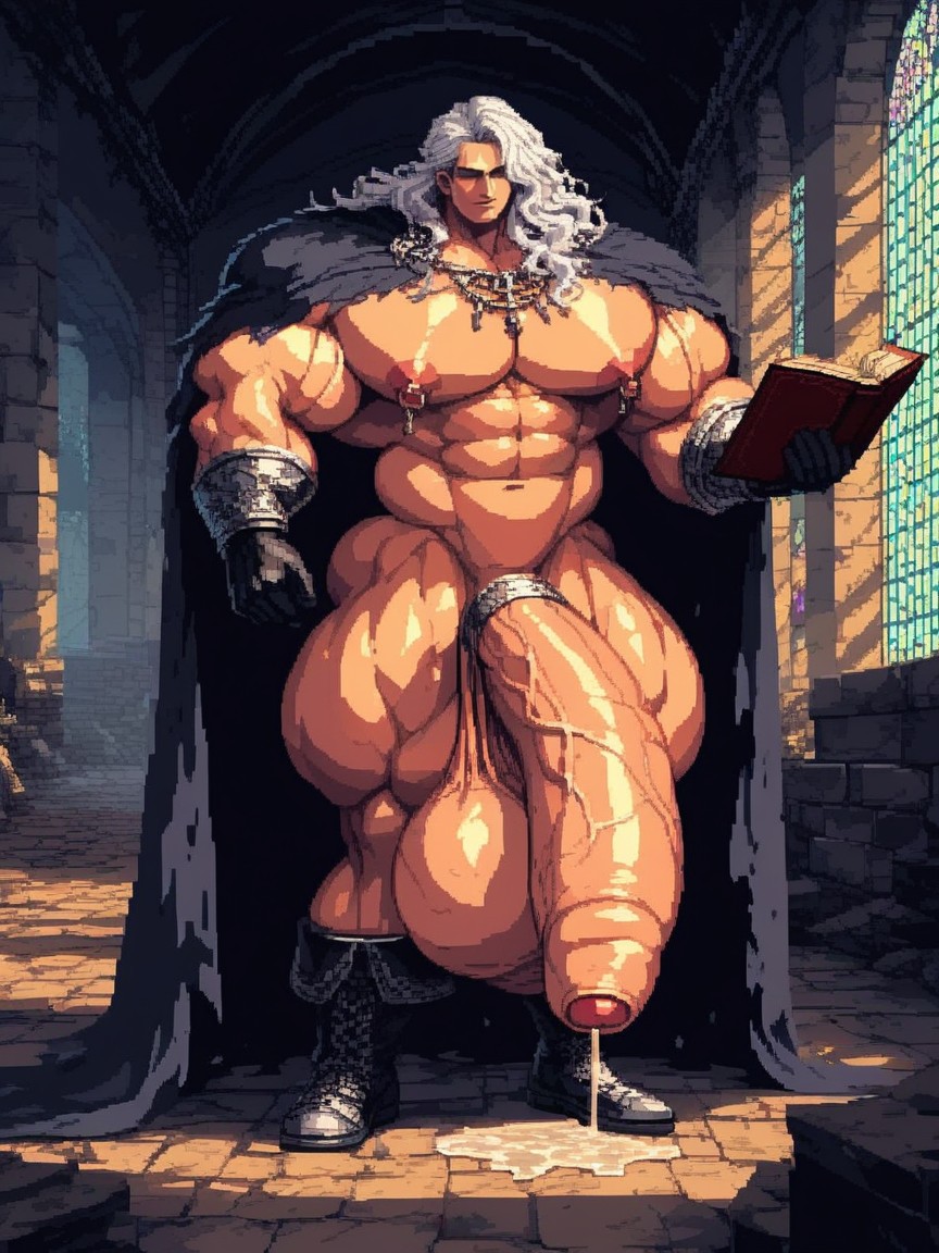 Holding Book, Extremely Long Gigantic Hyper Cock, Huge Bulky Muscles AI Gay Porn