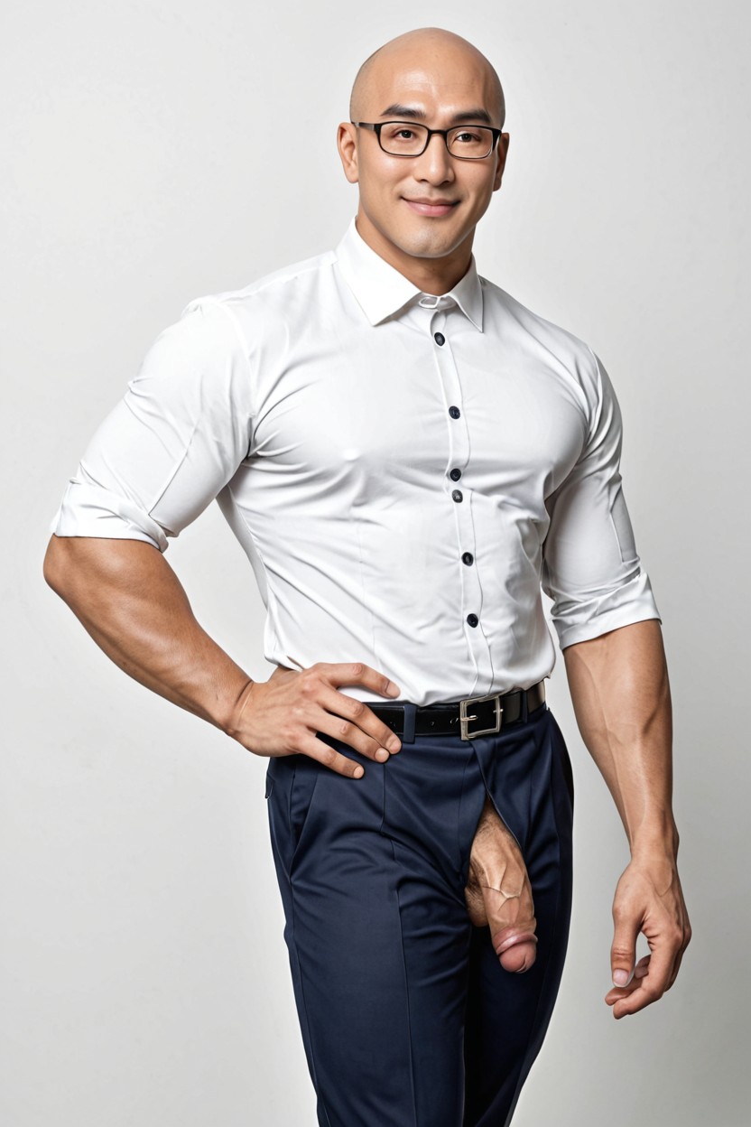 Polo Shirt Neatly Tucked Into Formal Dress Trousers, Korea, Only The Model And Plain White Background AI Gay Porn