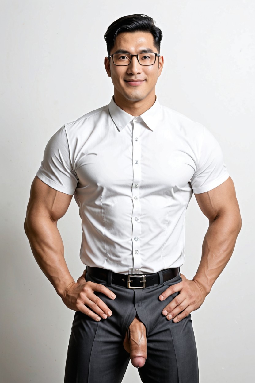 Clean Masculine Face, All Buttons Properly Fastened, Extremely Muscular AI Gay Porn