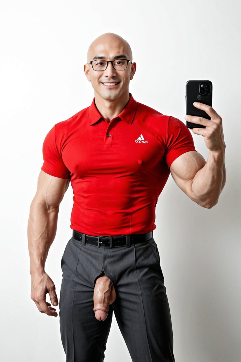 Realistic Clothing Construction, Seamless White Studio Backdrop, Holding A Phone In The Right Hand AI Gay Porn