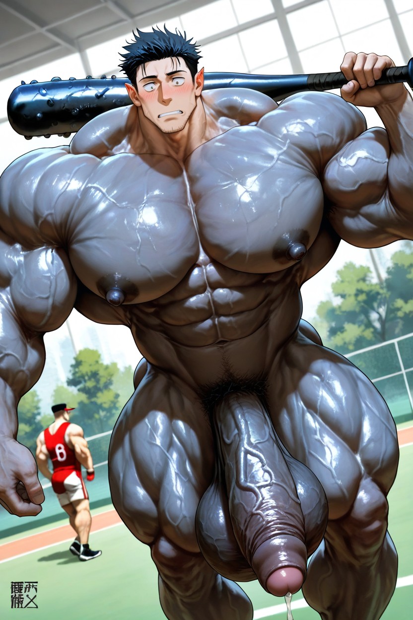 Streaming Precum, Red Male Glans, Vivid Cinematic Light Casting Rembrandt-style Deep Shadows On His Massive Bulking Body AI Gay Porn