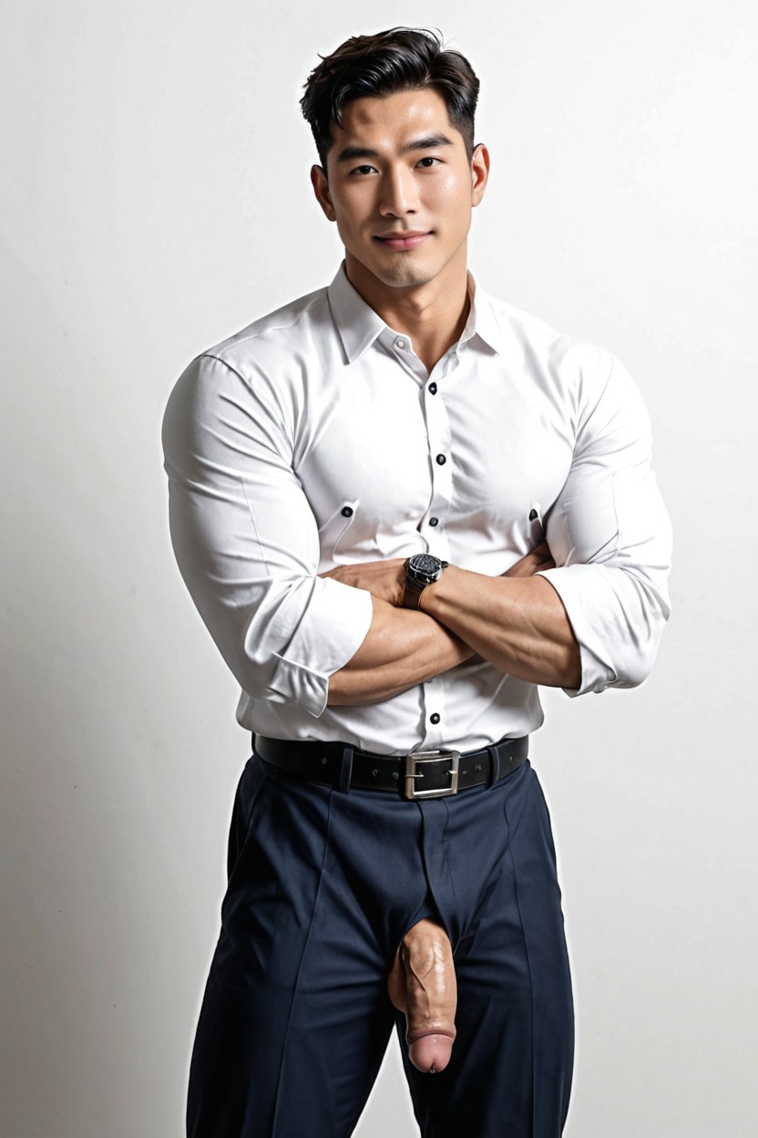 Small, All Buttons Properly Fastened, Both Arms Crossed Over The Chest AI Gay Porn