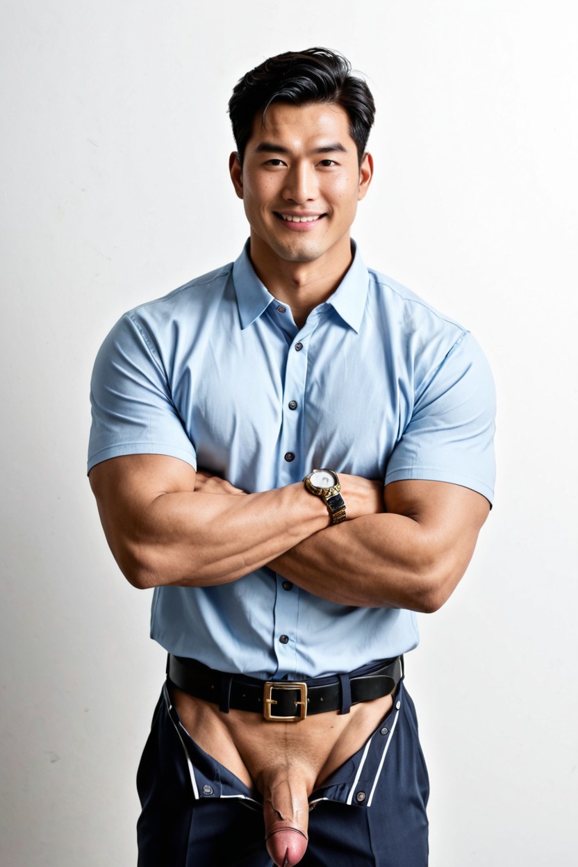 Centered Composition, Polo Shirt Fully Buttoned, Flaccid Penis Downward AI Gay Porn