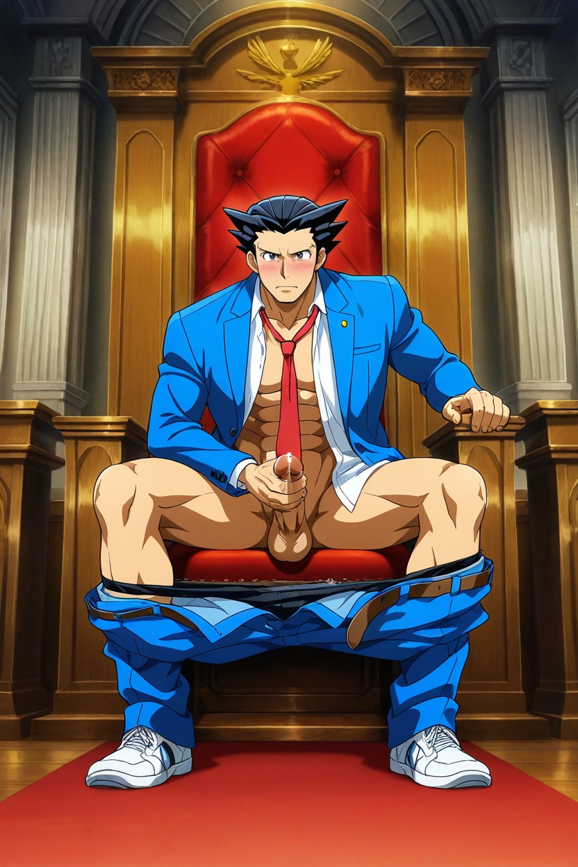 Spiky Dark Blue Hair, Red Tie, Dynamic Pose AI Gay Porn