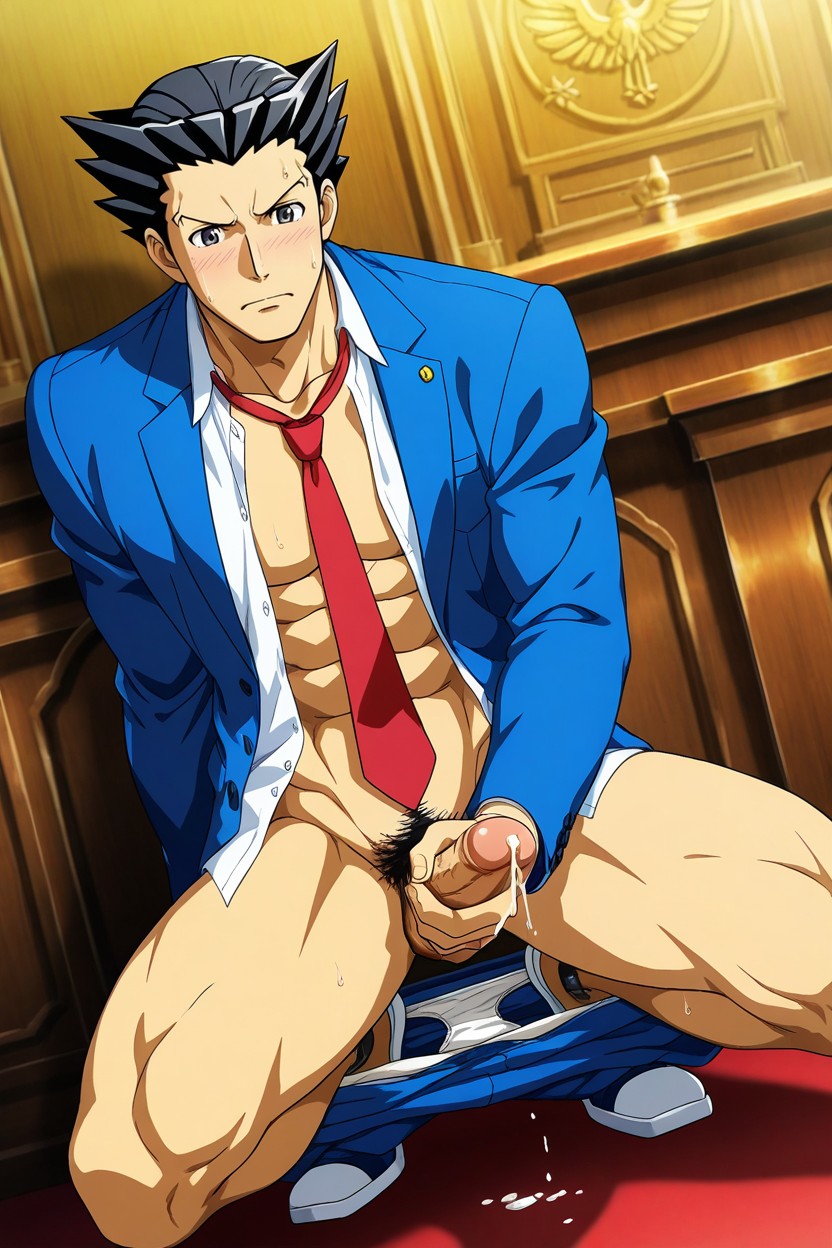 Squatting, Phoenix Wright Style, Sharp Focus AI Gay Porn